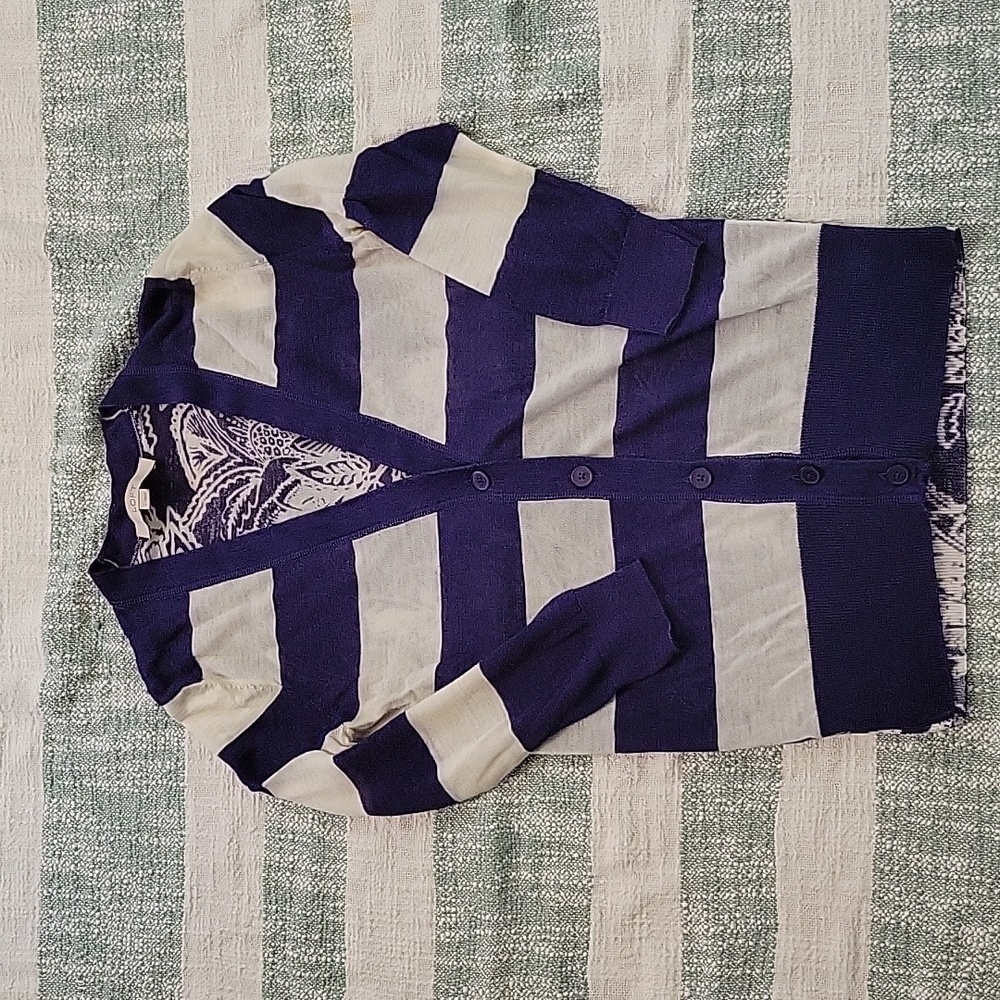 LOFT Cardigan Small - Purple and White Stripe and Flower Sheer